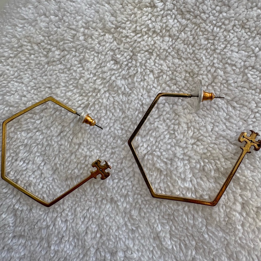 Tory Burch Gold Hexagon Earrings with logo